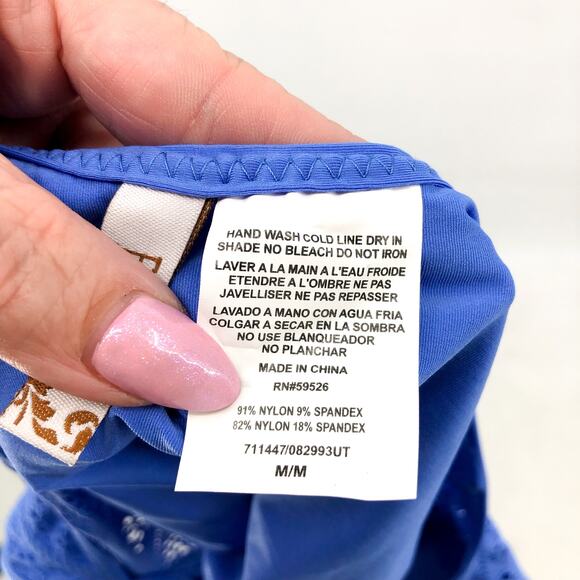 BECCA Color Play Crochet One Piece Swimsuit Medium Blue Cornflower Plunge NWT - Picture 10 of 12